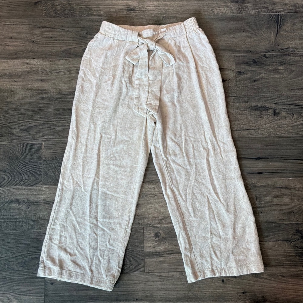 Leela & Lavender Womens Oatmeal Linen‎ Blend Wide Leg Cropped Tie Waist Pants S